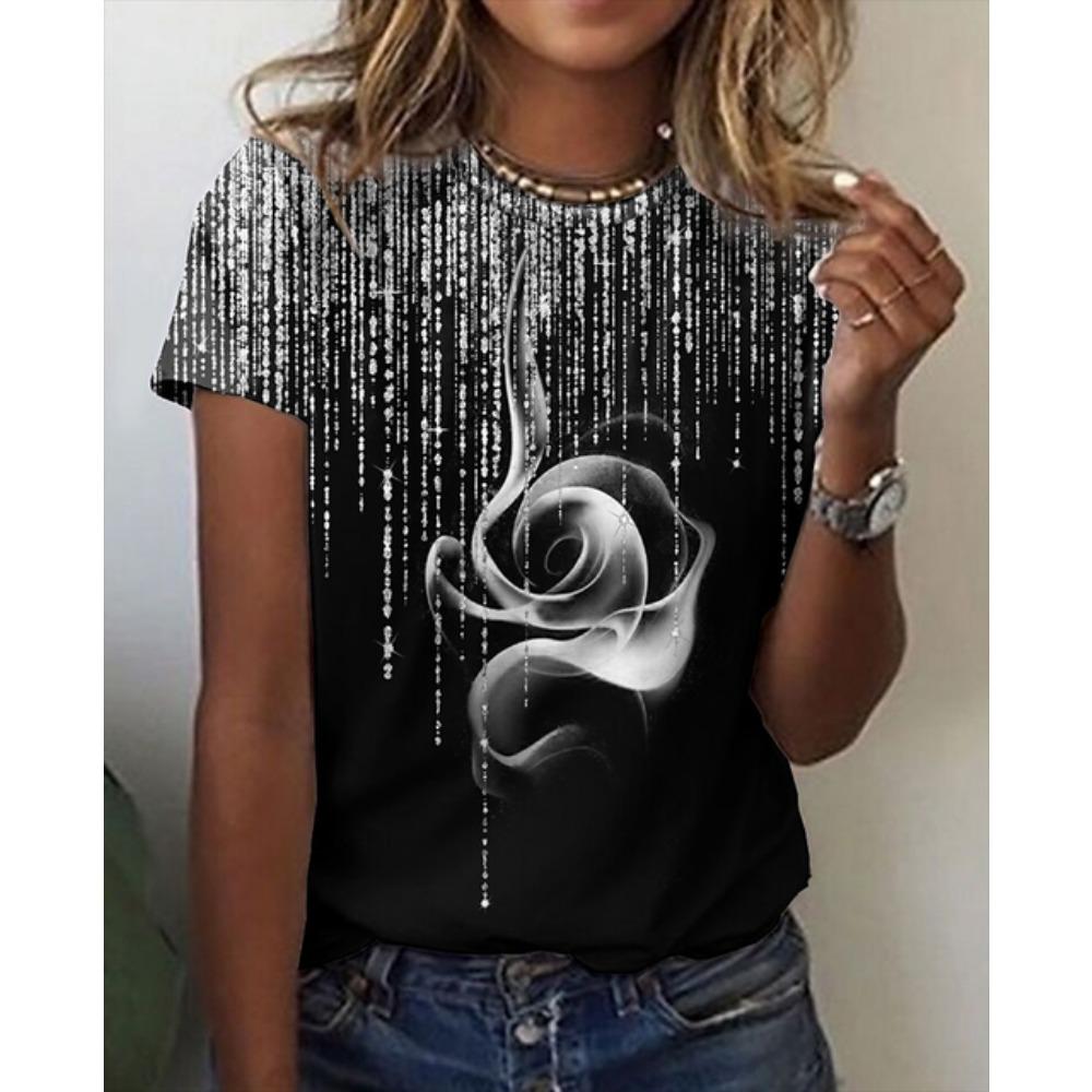 Новая женская роскошная одежда, летняя одежда, футболки с принтом роз 3D, футболки для девочек, уличная одежда с круглым вырезом, свободная одежда Laides 2023