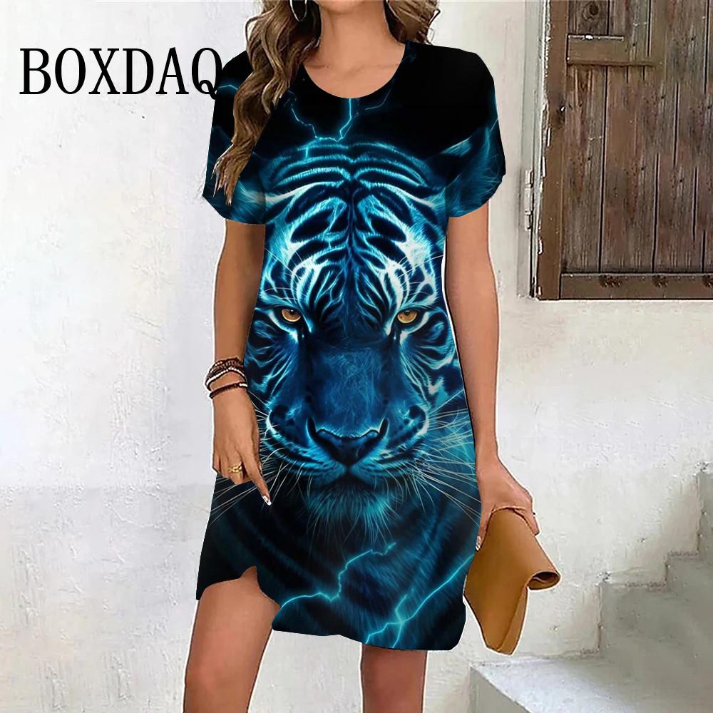 Модное женское платье с 3D-принтом и рисунком животного тигра, новое летнее платье с круглым вырезом и коротким рукавом, повседневное уличное мини-платье большого размера 6XL