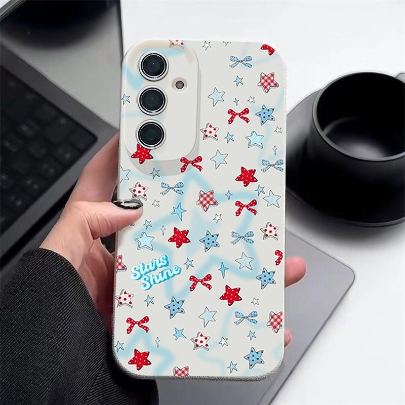 Чехол со звездочками и бантами для Samsung Galaxy A57 A37 A17 A56 A36 A26 A16 A55 A35 A15 A54 A34 A14 5G Силиконовый чехол с текстурой кожи