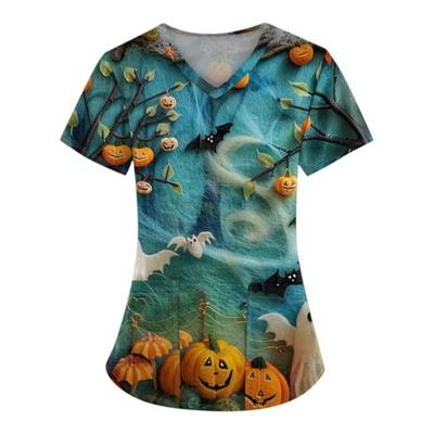 V-образный вырез рабочая больничная форма Хэллоуин хирургическая рубашка принт плюс размер медсестра медицинская форма хирургические топы женская тыквенная блузка