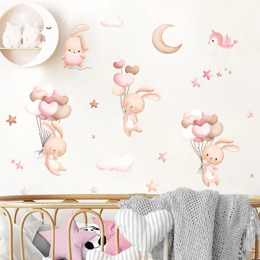 Pink Cartoon Bunny Moon Clouds Stars Watercolor Nursery Stickers Vinyl Children Wall Decals Art Print Kids Girls Room Home Decor
