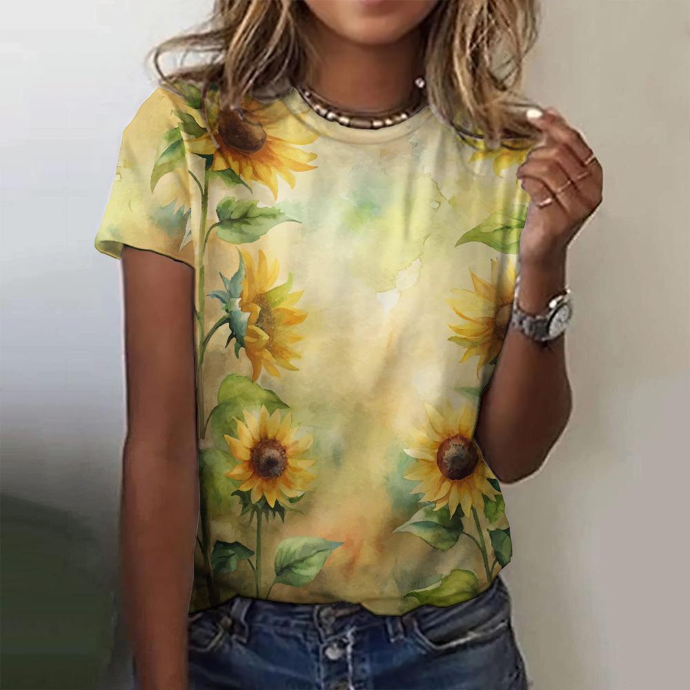Ladies' Loose Summer Elegant Retro Women's Clothing 3D Printed Sunflower Top Short Sleeved T-shirt