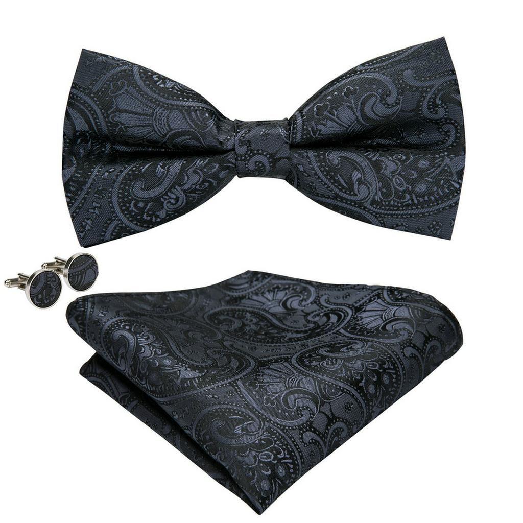 Barry.Wang Men Cravat Ties Jacquare Paisley/Floral/Striped Bow Tie Hanky Cufflinks Set Formal Casual