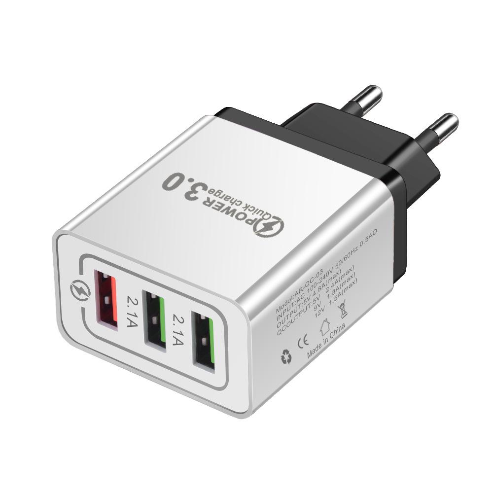 QC3.0 Multi-Port Travel Charger: 3 USB, Fast Charge 5V/9V/12V, 2.4A, US/EU Specs