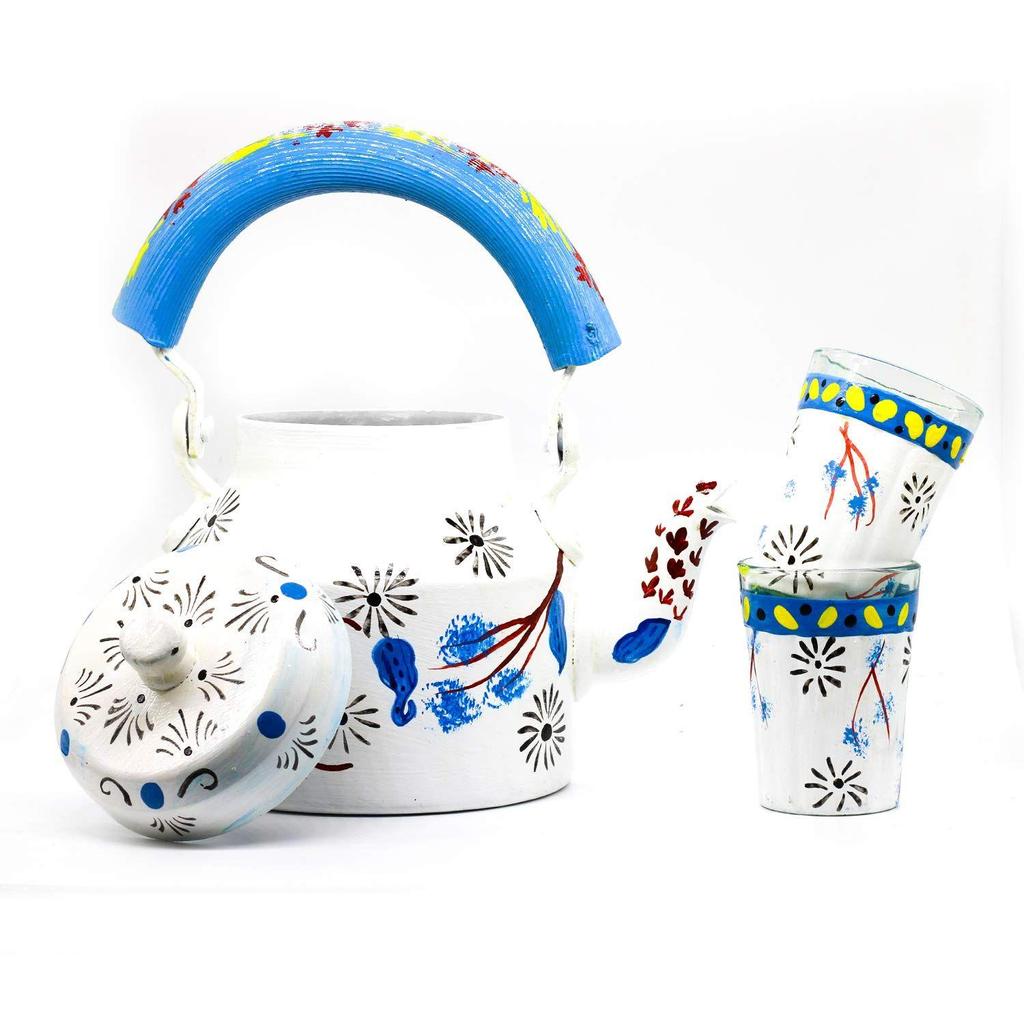 Набор чайников с ручной росписью из 9 шт. (Содержимое упаковки: 1 расписанный вручную чайник, 6 раскрашенных вручную стаканов, 1 подставка на железной веревке, 1 коричневый поднос из натурального дерева.