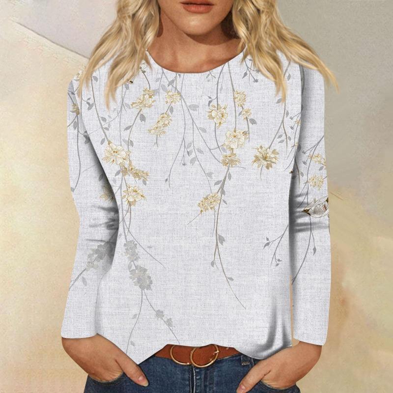 Женская мода повседневная с длинным рукавом цветочный принт круглый вырез пуловер топ блузка футболки женские
