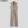 INCERUN Men Lapel V Neck Solid Color Jumpsuits Casual Zipper Long Rompers