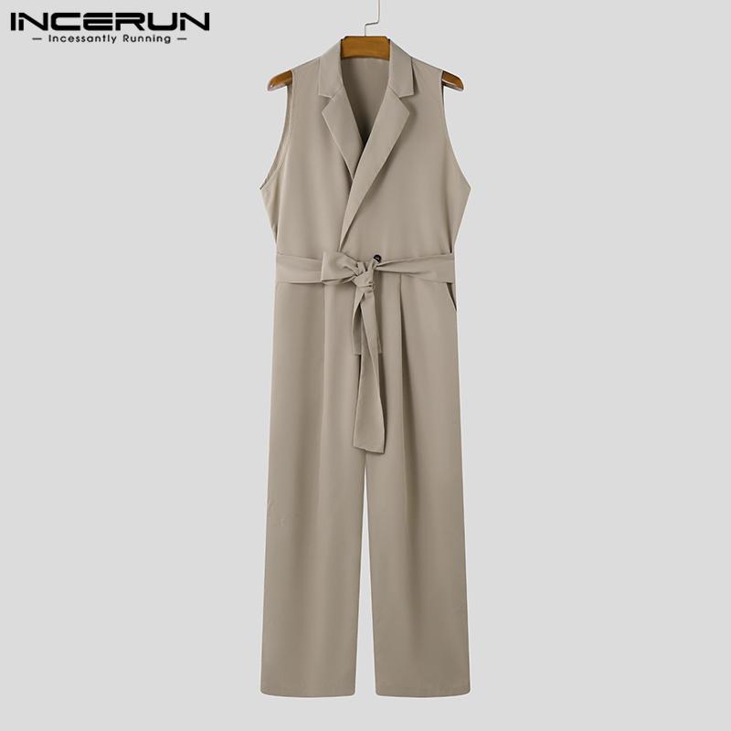 INCERUN Men Lapel V Neck Solid Color Jumpsuits Casual Zipper Long Rompers