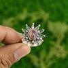 Natural Rhodonite Gemstone Stackable Flower Pink Adjustable Ring 925 Silver