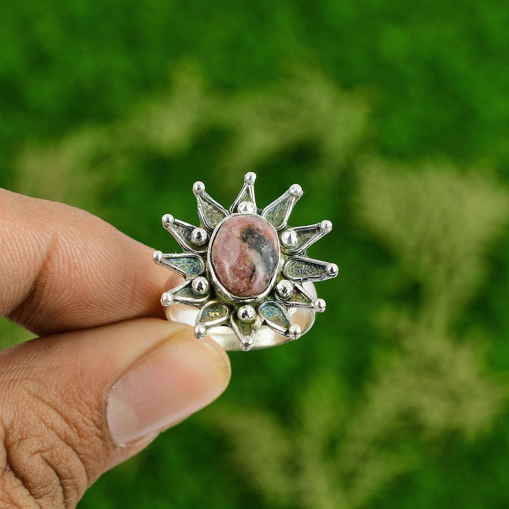 Natural Rhodonite Gemstone Stackable Flower Pink Adjustable Ring 925 Silver