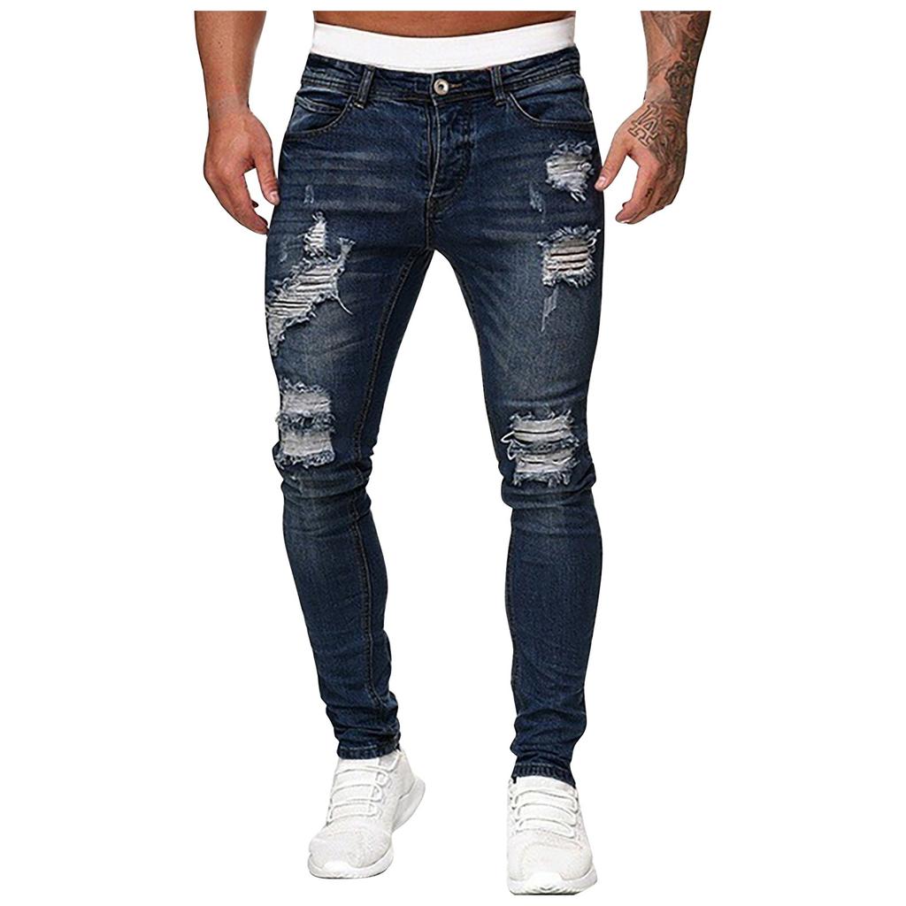 Men's Casual Hole-rubbed White Slim Fit Denim Pants Fashion Chinos Jeans