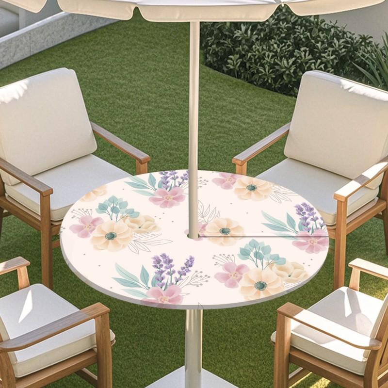 Outdoor Round Table Cover With Floral Leaf Print Waterproof Elastic Hem Patio Garden Dining