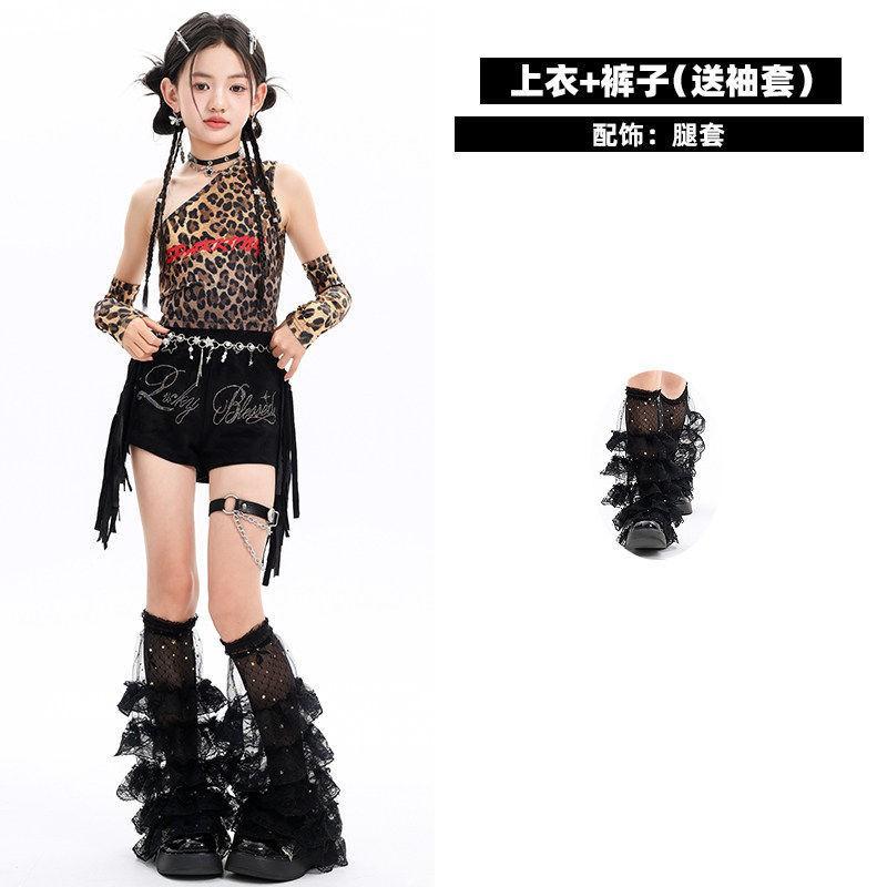 Girls Jazz Dance Costume Set Leopard One-Shoulder Vest Fringe Shorts Performance