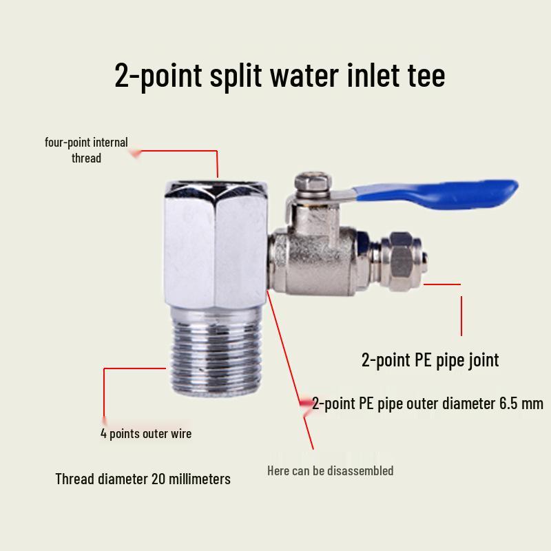 Household Water Purifier Inlet Tee Valve Connector, 4-to-2/3-point Ball Valve Switch