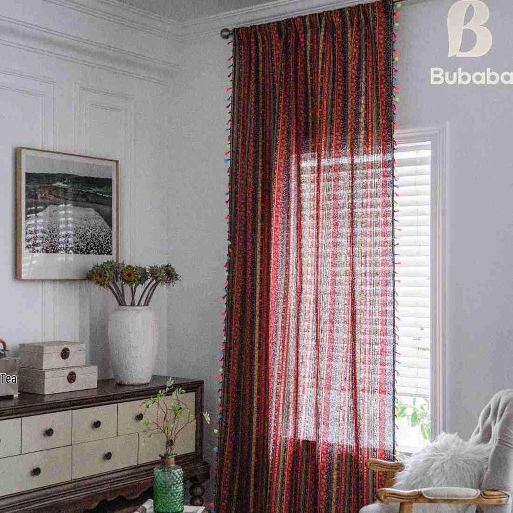 Красные богемные полосатые хлопково-льняные шторы для гостиной - Ретро стиль