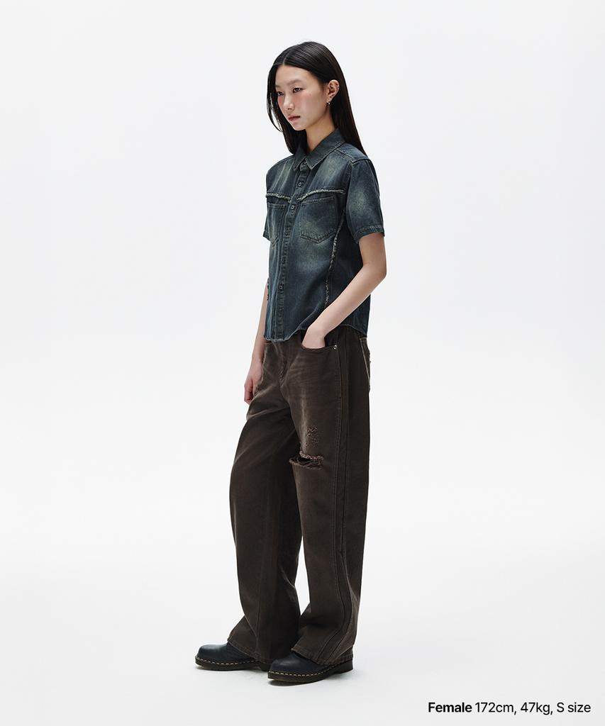 MAHAGRID Denim Half Shirt Blue(Mg2Fmmw345A)