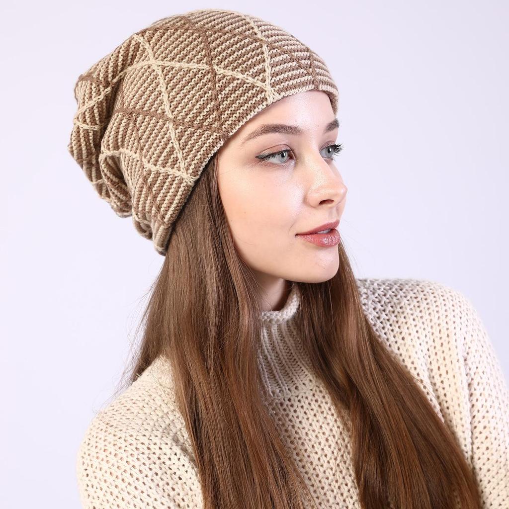 Women's Autumn Winter Pullover Mixed Color Mesh Diamond Plush Knitted Wool Hat Ear Protection Pile Cap