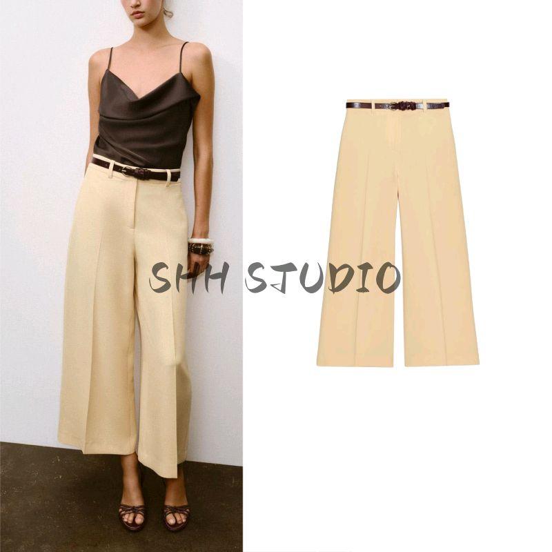 Fall New Women's Clothing Commute Leisure Fashion High Waist Pocket Decoration Belt Wide Leg Pants 8717344
