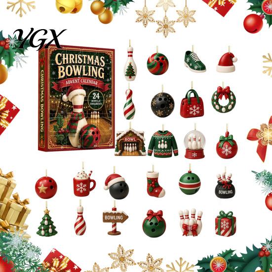 Christmas Tree Hanging Accessories Advent Calendar with 24 Acrylic Pendants, 2D Flat Bowling Theme Durable Double Sided Printed Ornaments for Holiday