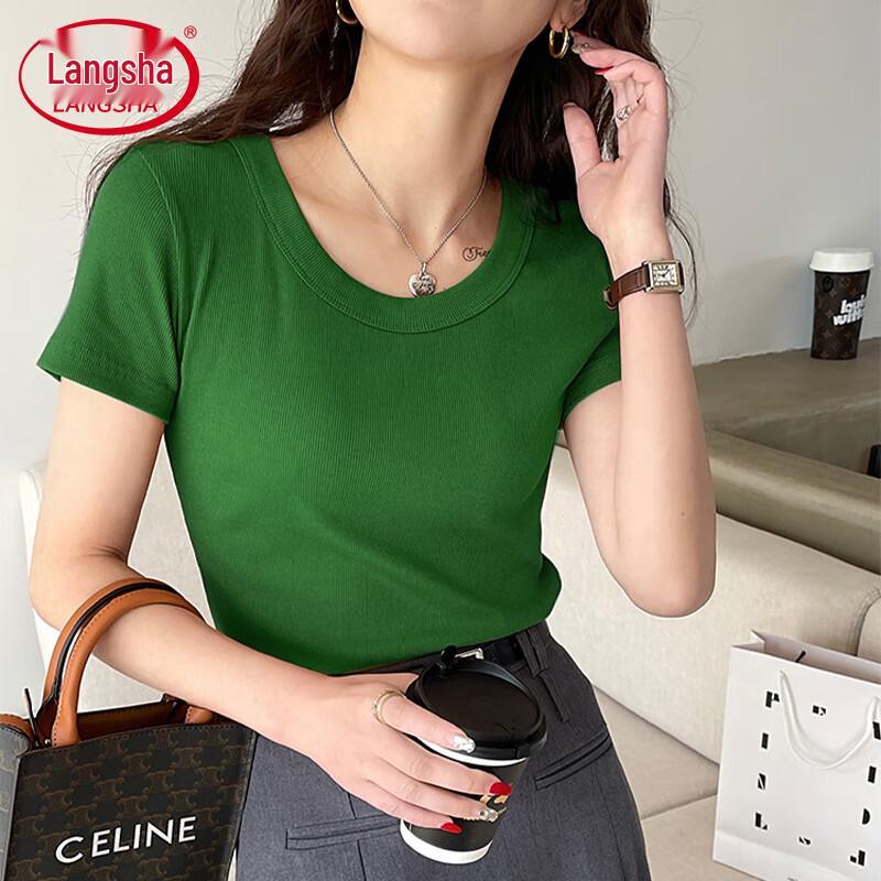 Langsha Women's Slimming Ribbed Round Neck Short Sleeve T-Shirt