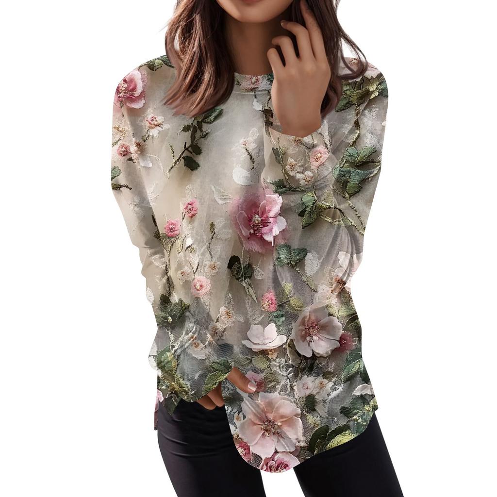Women's Fashion Casual Long Sleeve Floral Print Round Neck Top