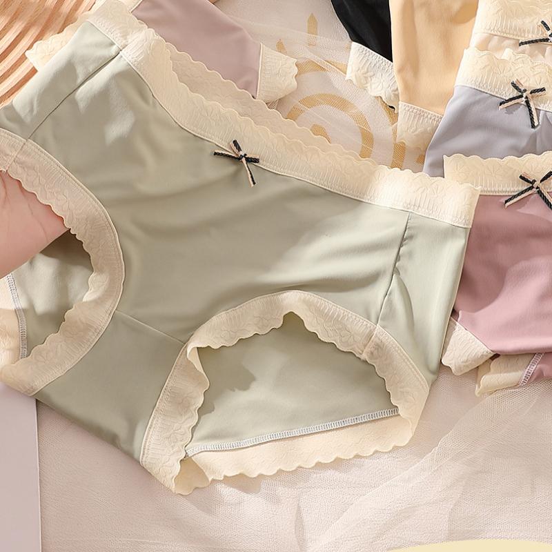 Women Ice Silk Panties Mid Waist Lace Soft Women's Panties Seamless Breathable Lace Underwear Knickers