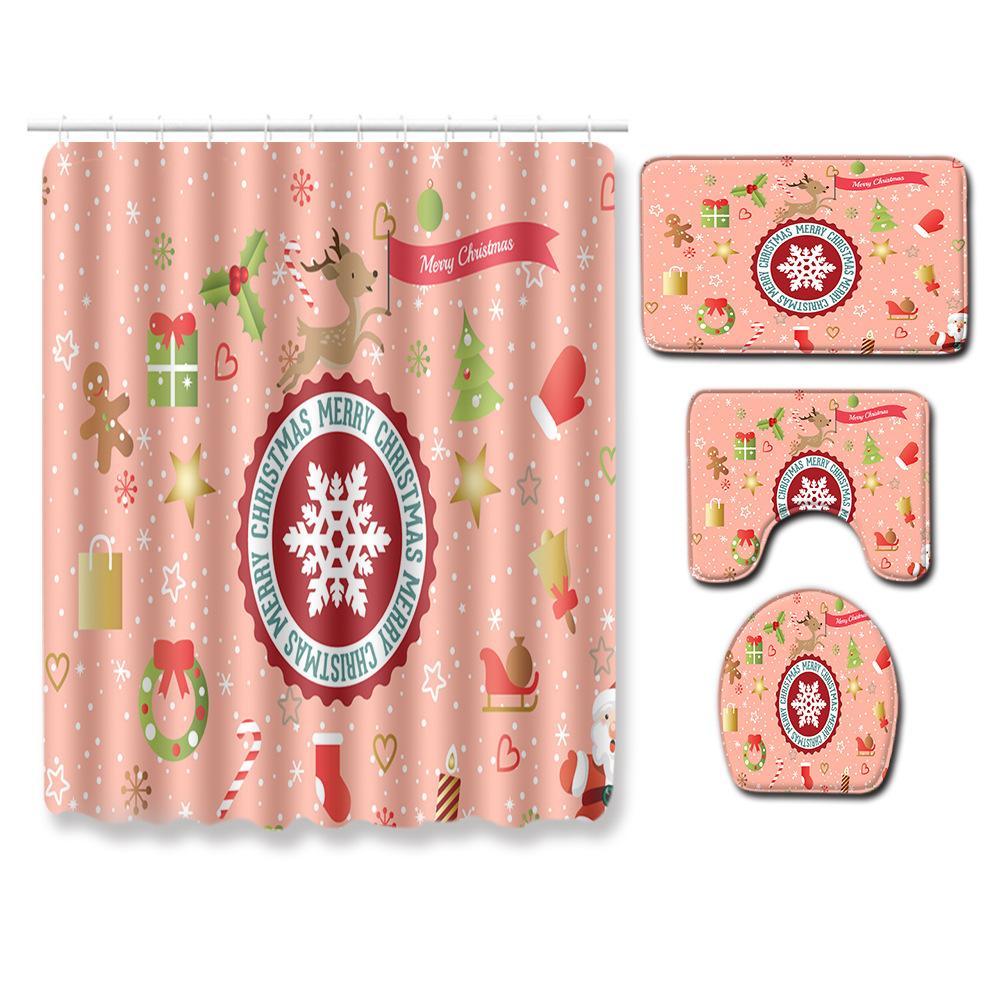 Christmas Shower Curtain Floor Mat Combination Four-Piece Set Bathroom Toilet Carpet Shower Room Mat Foot Mat