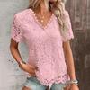Women Summer T-shirt V-neck Short Sleeve Casual Tee Shirt Hollow Embroidery Lace Pullover Tops Streetwear