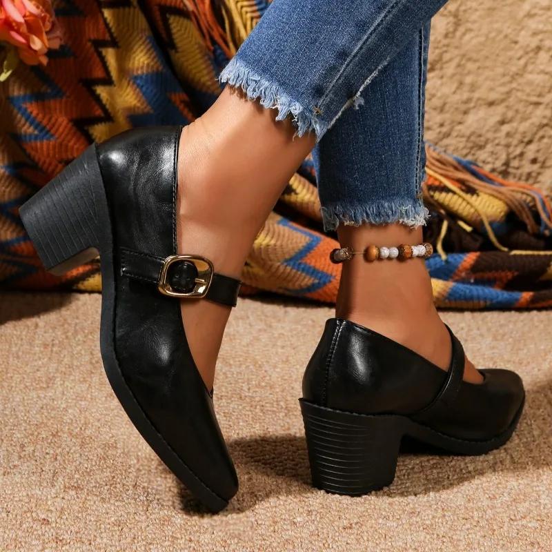 Мода Плюс Размер 2025 Ретро Мэри Джейн Женские Туфли на Высоком Каблуке Мелкие Горячая Распродажа Массивные Каблуки Ремешок с Пряжкой Туфли-Лодочки Универсальные Платье и Карьера