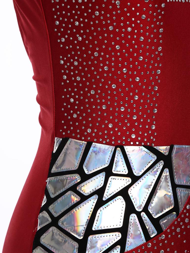 Women's Sleeveless Dance Leotard with Rhinestones Cutout Back Metallic Sequins Bodysuit S-XXL