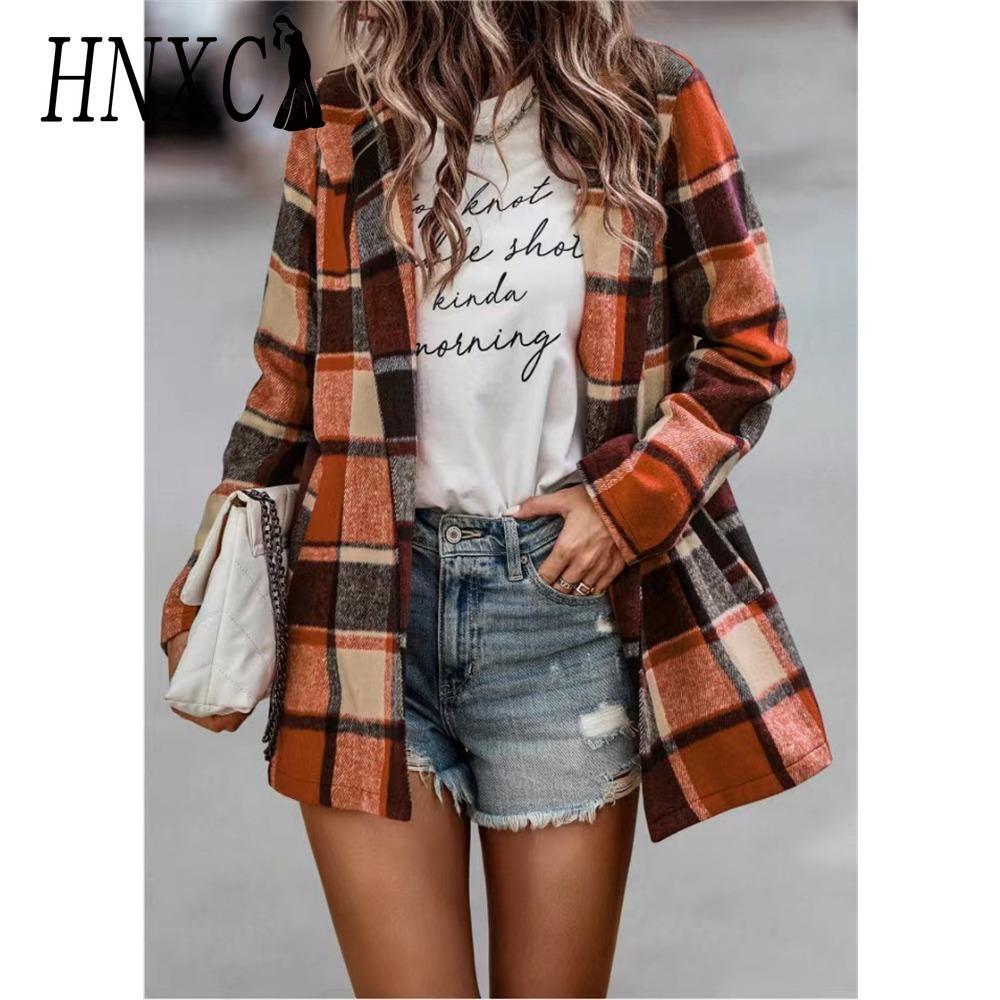 HNXC Women's Vintage Casual Plaid Print Autumn Winter Long Sleeve POLO Neck Jackets & Coats