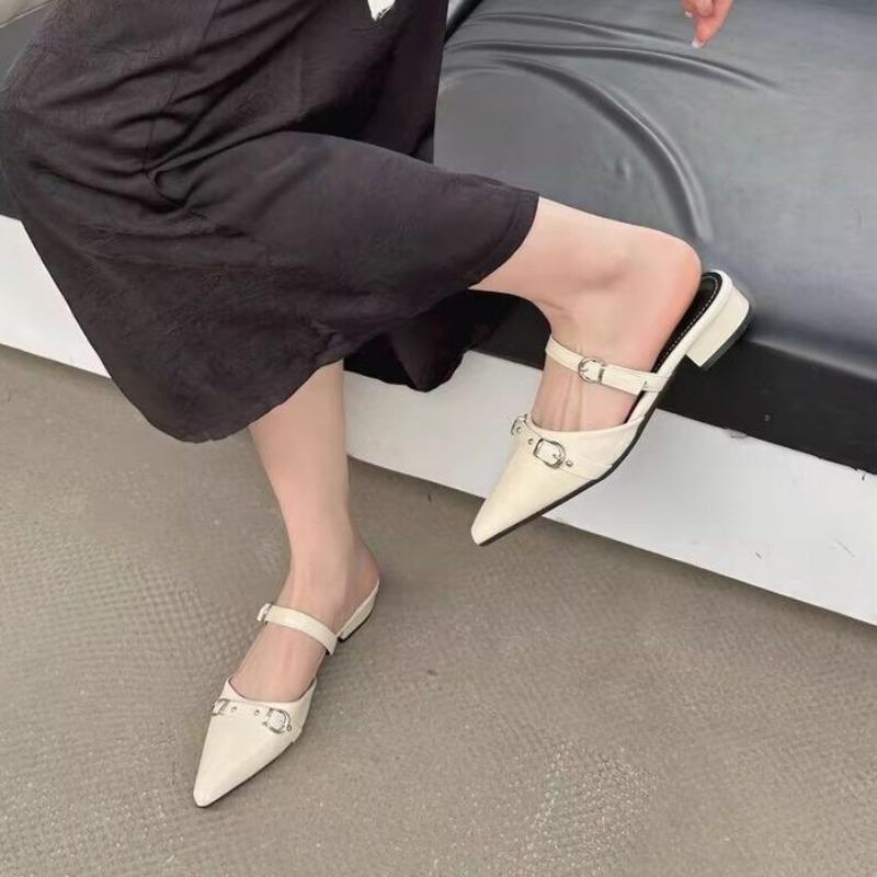 Fashion Baotou Slippers Summer Pointed Toe Shallow Mouth Metal Buckle One Strap Anti-slip Wear-resistant Kitten Heel Sandals