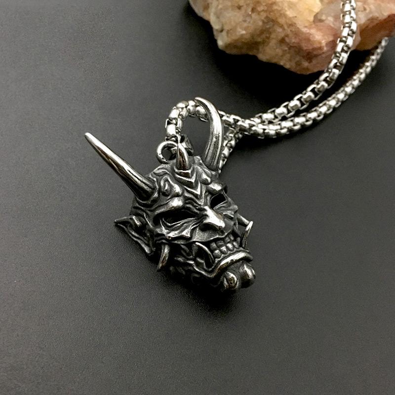 Retro Japanese Prajina Ghost Mask Pendant Necklace For Men Fashion Stainless Steel Biker Necklace Punk Hip Hop Gothic Jewelry