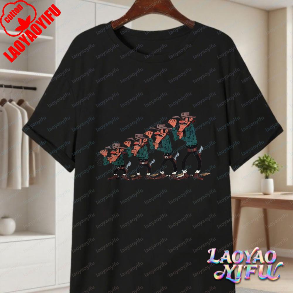 Classic Lucky Luke Cast Print Casual Tops Retro Western Animation Cotton TShirt Summer Casual Wear for Unisex Women Trendy Tee