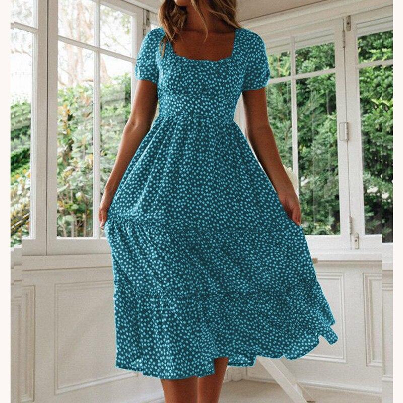 Повседневное платье с квадратным вырезом, французское пышное платье с короткими рукавами и принтом в горошек, женское летнее платье трапециевидной формы с тонкой талией, зеленое платье, длинный халат 24940