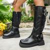 Autumn British Style Knight Boots For Women Belt Buckle Side Zipper High Top Boots Soft Black Pu Long Bottes Femmes Size 36