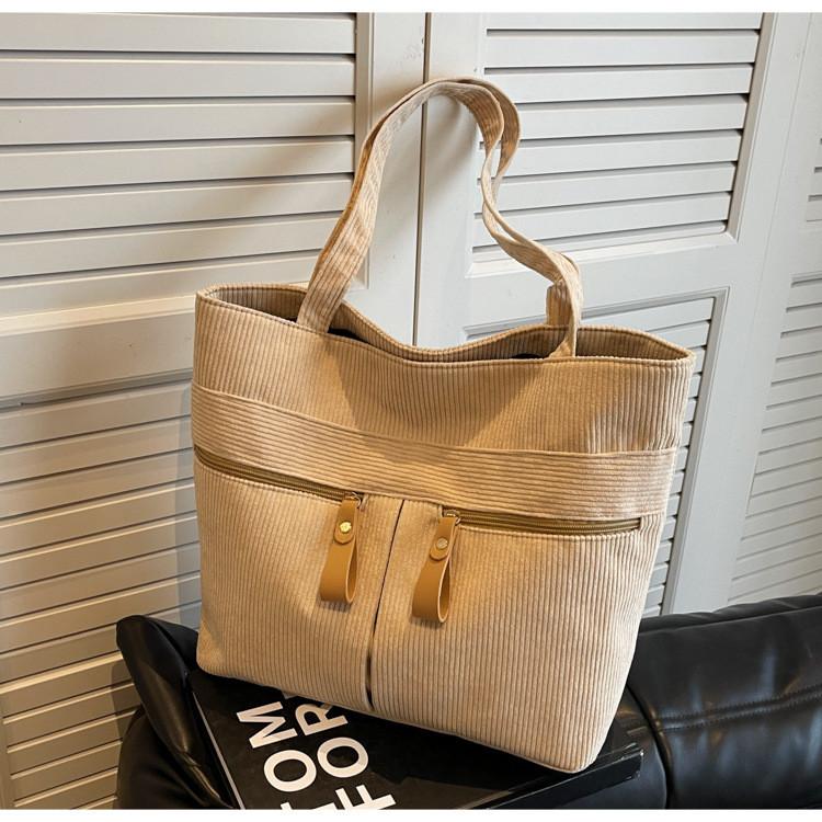 2023 New Winter Street Style Large Corduroy Tote Handbag With Zipper Closure