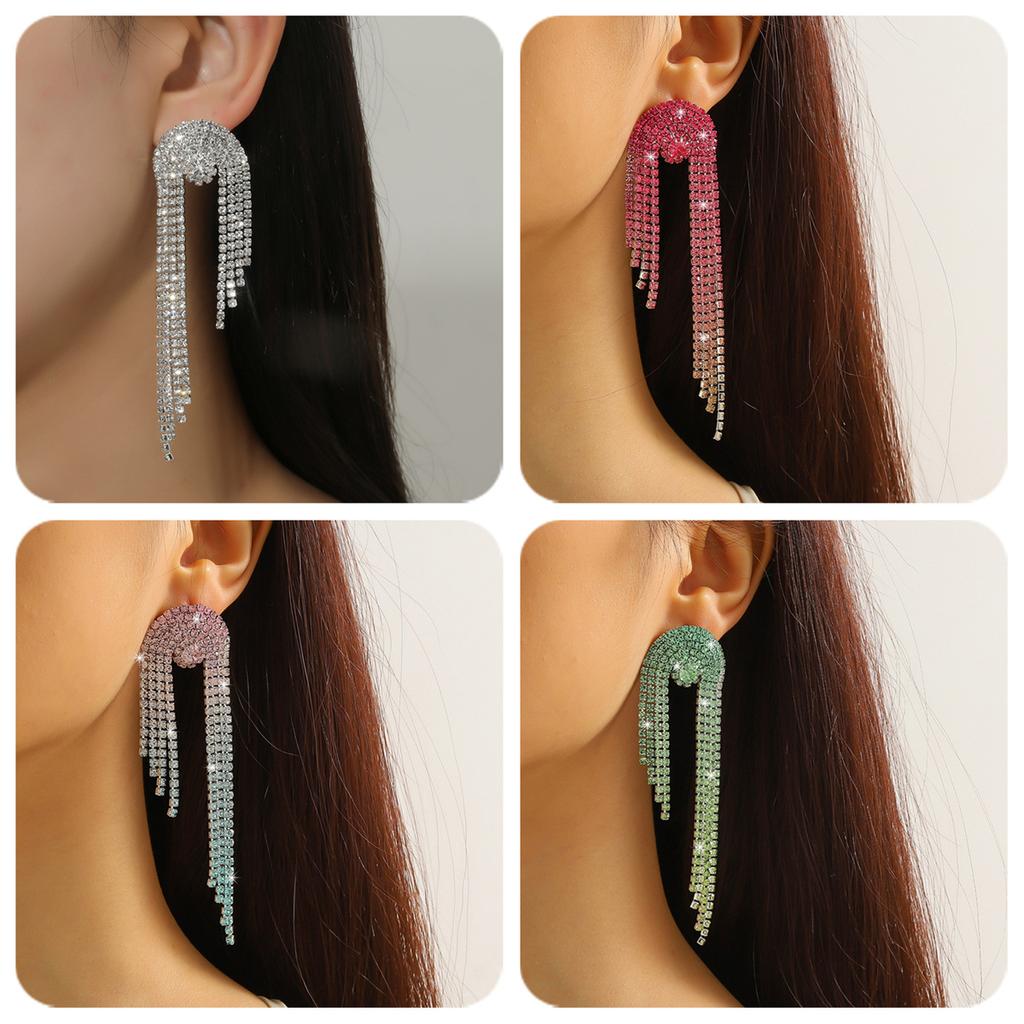 Sparkling Full Diamond Long Tassel Earrings Fashion Temperament Rhinestone Earrings Bridal Earrings Women's Earrings 1 Pair