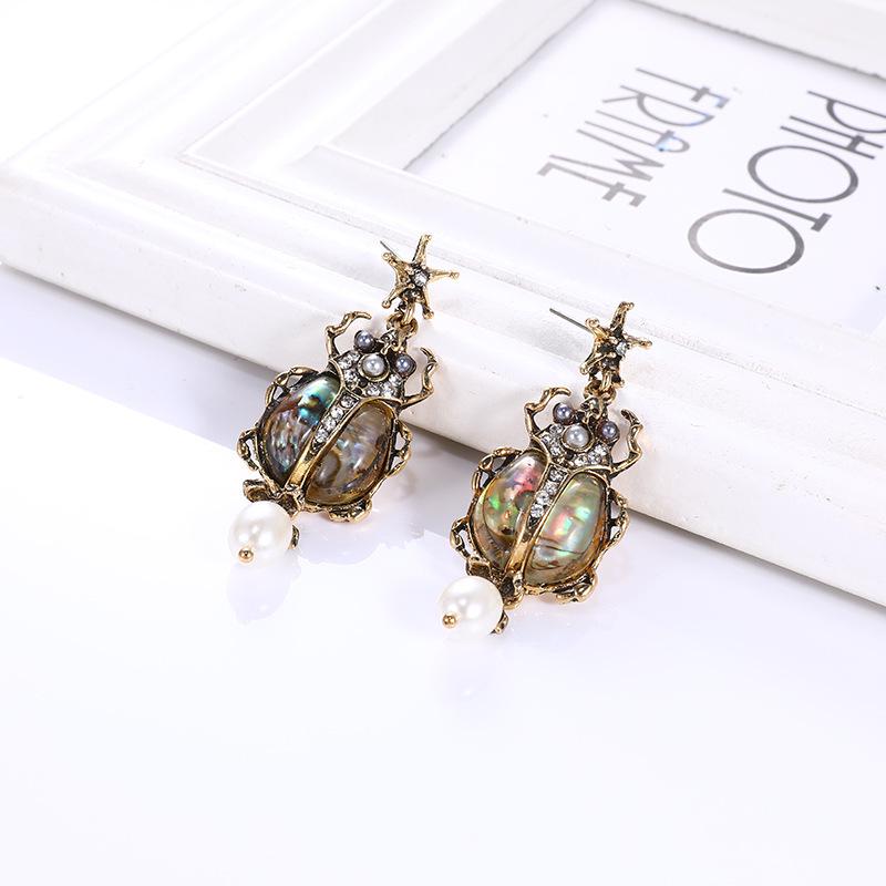Серьги в стиле ретро с жуком-жемчугом и бриллиантами в виде животных