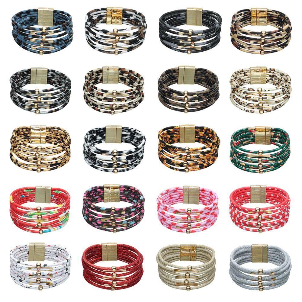 Retro Elegant Women Wrist Bands Leopard Leather Bracelets Multilayer Bangles Wide Wrap Bracelet