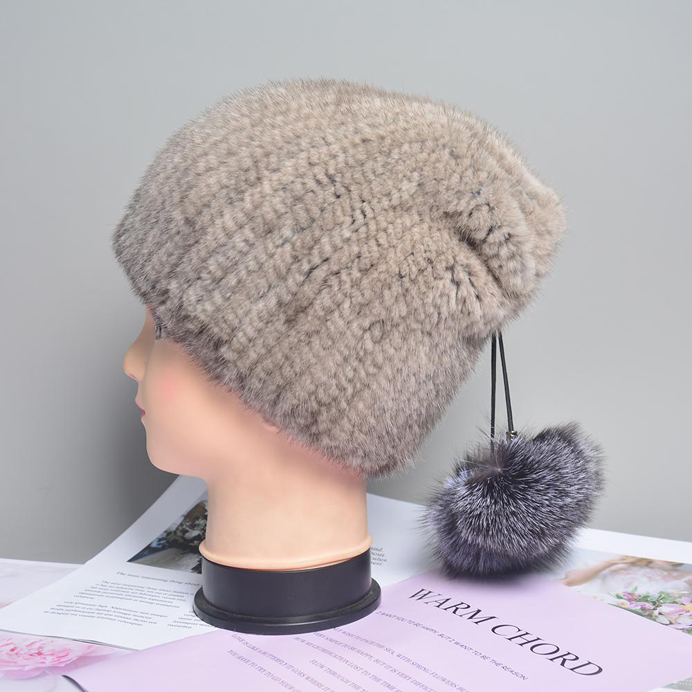 Natural Mink Fur Hat for Women New Winter Warm Hats with Balls Luxury Lady Knitted Stretch Real Mink Fur Christmas Hat