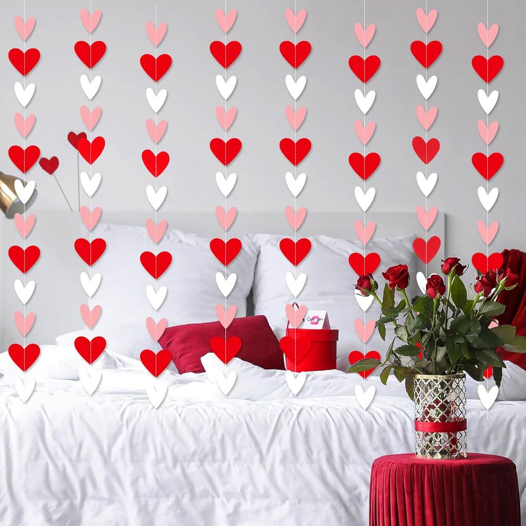 96 Red White Pink Heart Garland - NO DIY - Valentine's Day Party Decorations Supplies, Valentine's Day Hanging String Garland Banner for Wedding