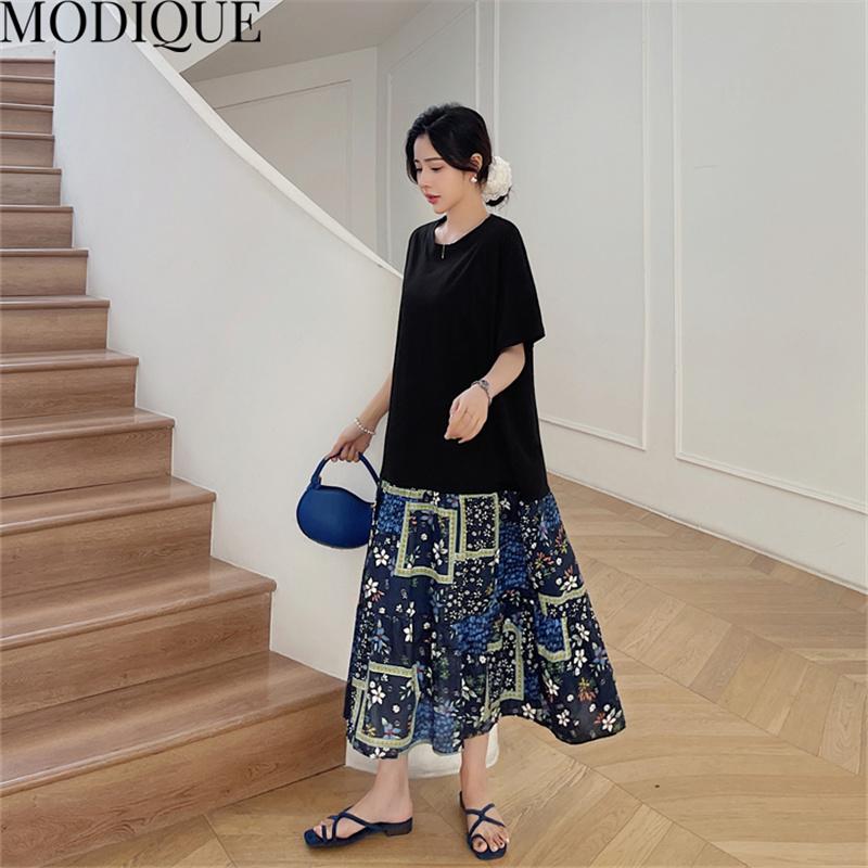 MODIQUE Summer Plus Size New Dress Shirt Women Loose Patchwork Floral Cotton Linen A-Line Dress Casual Female Dresses O-Neck Short Sleeve