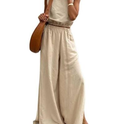 Горячая Распродажа Хлопково-Льняной Однотонный Комплект Весна Лето Повседневный Женский Жилет С Разрезами Длинные Брюки Костюм-Двойка