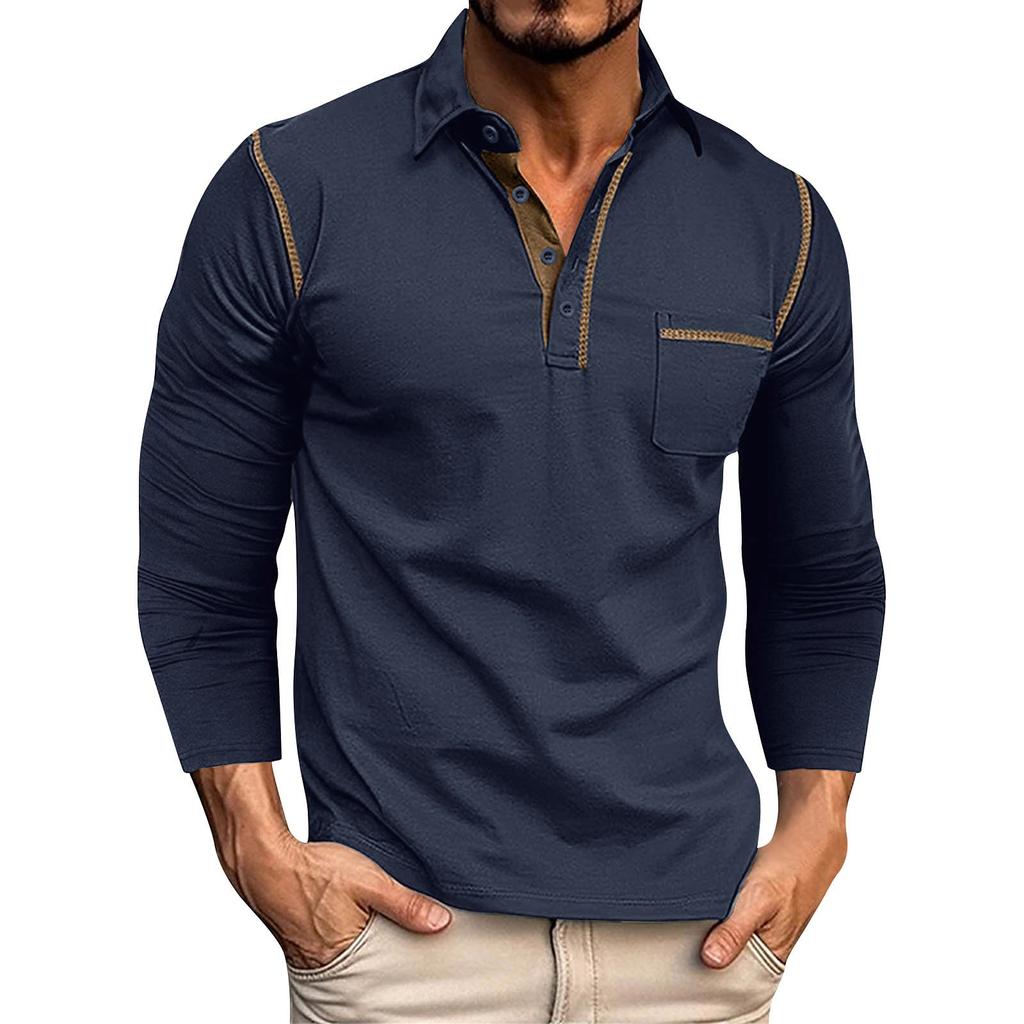 Men's Spring And Autumn Solid Color T-shirt Lapel 3 Button Open Placket Button Long Sleeved Top
