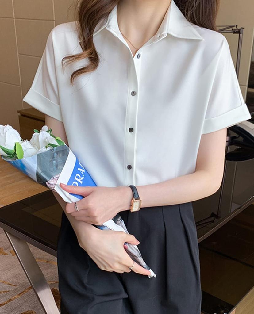 Short Sleeve Loose Large Size [OKJCON] Women's Shirt, Blouse, Chiffon, V-Neck, Office, Summer, Fit, Plain, Stylish, (XL, White)