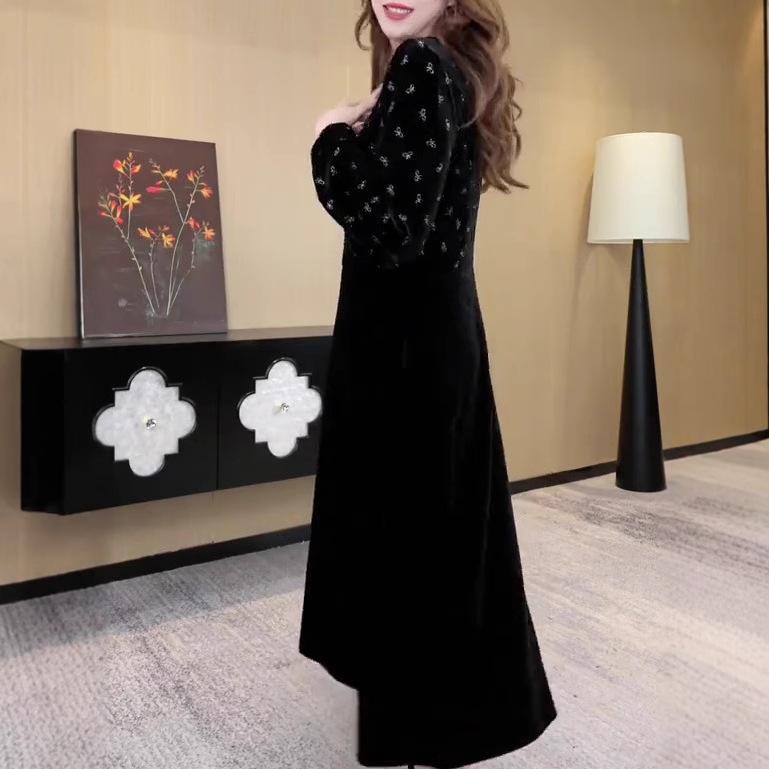 Элегантное бархатное платье большого размера - Осень/Зима, Высокоэластичное, С принтом, Свободное, Стройнящее, Зрелый стиль для женщин.