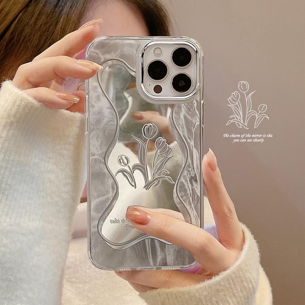Minimalist floral mirror case for iPhone 16 Pro Max, iPhone 17, iPhone 15, iPhone 11, iPhone 8 Plus, and iPhone X