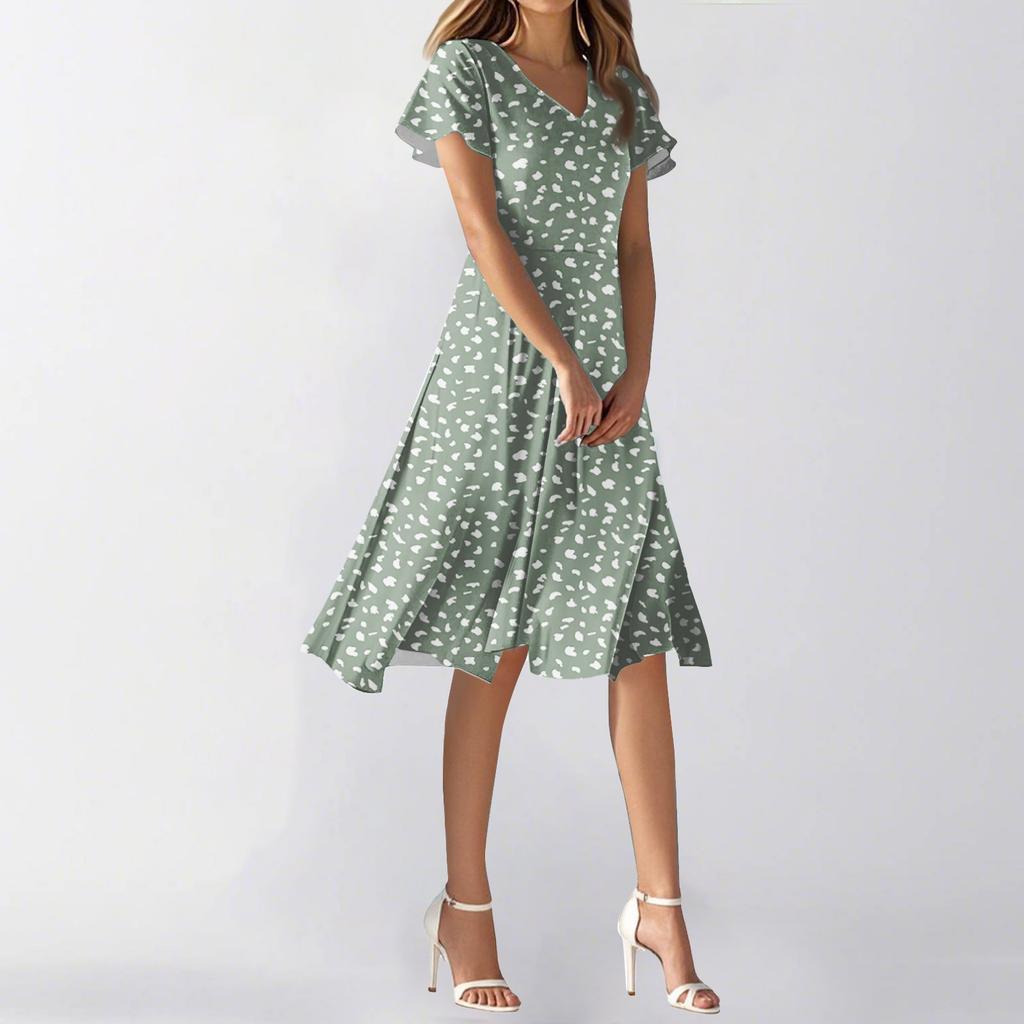 Women's Summer Casual Fashion Flower Print Dress V Neck Short Sleeve Short Skirt