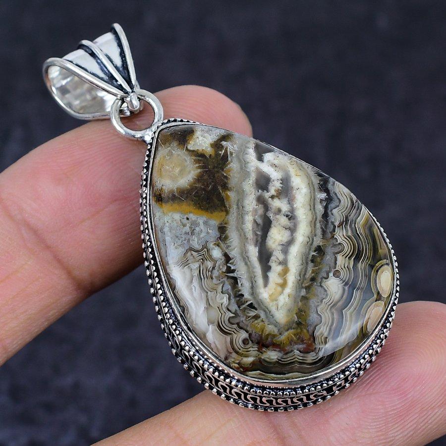 Laguna Lace Agate Gemstone Handmade 925 Sterling Silver Pendant 2.17" m1J30